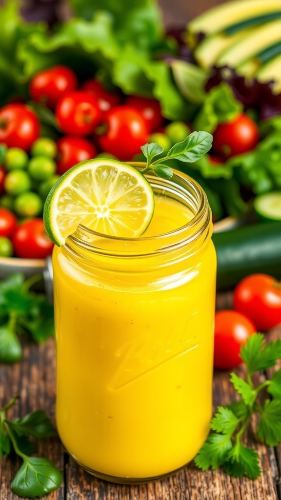 A jar of lemongrass vinaigrette dressing with lime slice and lemongrass, surrounded by fresh salad ingredients.